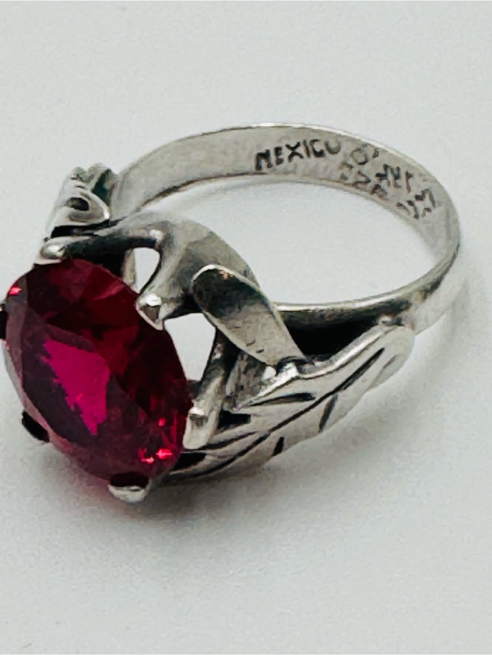 Taxco Sterling Silver Ring with 12mm Red Lab Ruby or Deep Pink Sapphire Sz 7.75
